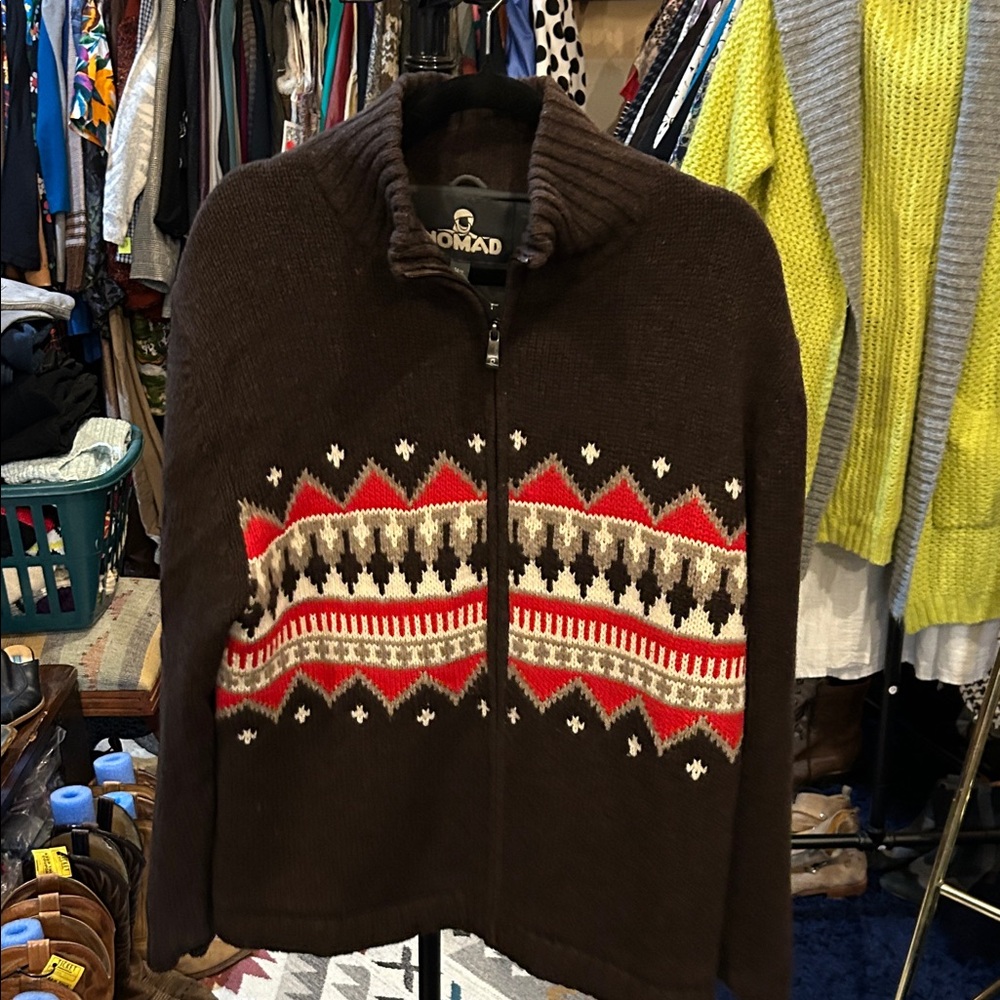 Nomad Men's Zip-Up Sweater in Brown and Red